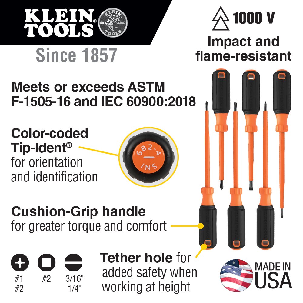 Kit destornilladores 1000V 6 piezas con aislamiento Klein Tools 85076INS