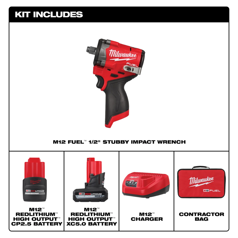 Kit de llave de impacto inalámbrica corta M12 FUEL™ de 1/2" -  Milwaukee 2563-22