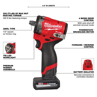 Kit de llave de impacto inalámbrica corta M12 FUEL™ de 1/2" -  Milwaukee 2563-22