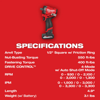 Kit de llave de impacto inalámbrica corta M12 FUEL™ de 1/2" -  Milwaukee 2563-22