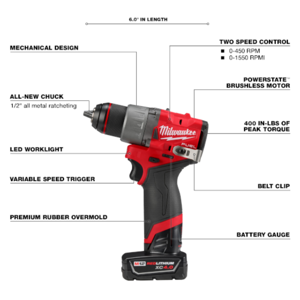 Kit de taladro percutor/atornillador M12 FUEL™ de 1/2" -  Milwaukee 3004-22