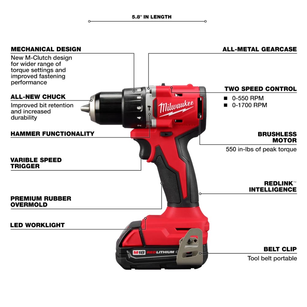 Kit de taladro percutor/atornillador compacto sin escobillas M18™ de 1/2" -  Milwaukee 3602-22CT