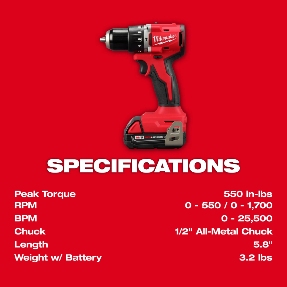 Kit de taladro percutor/atornillador compacto sin escobillas M18™ de 1/2" -  Milwaukee 3602-22CT