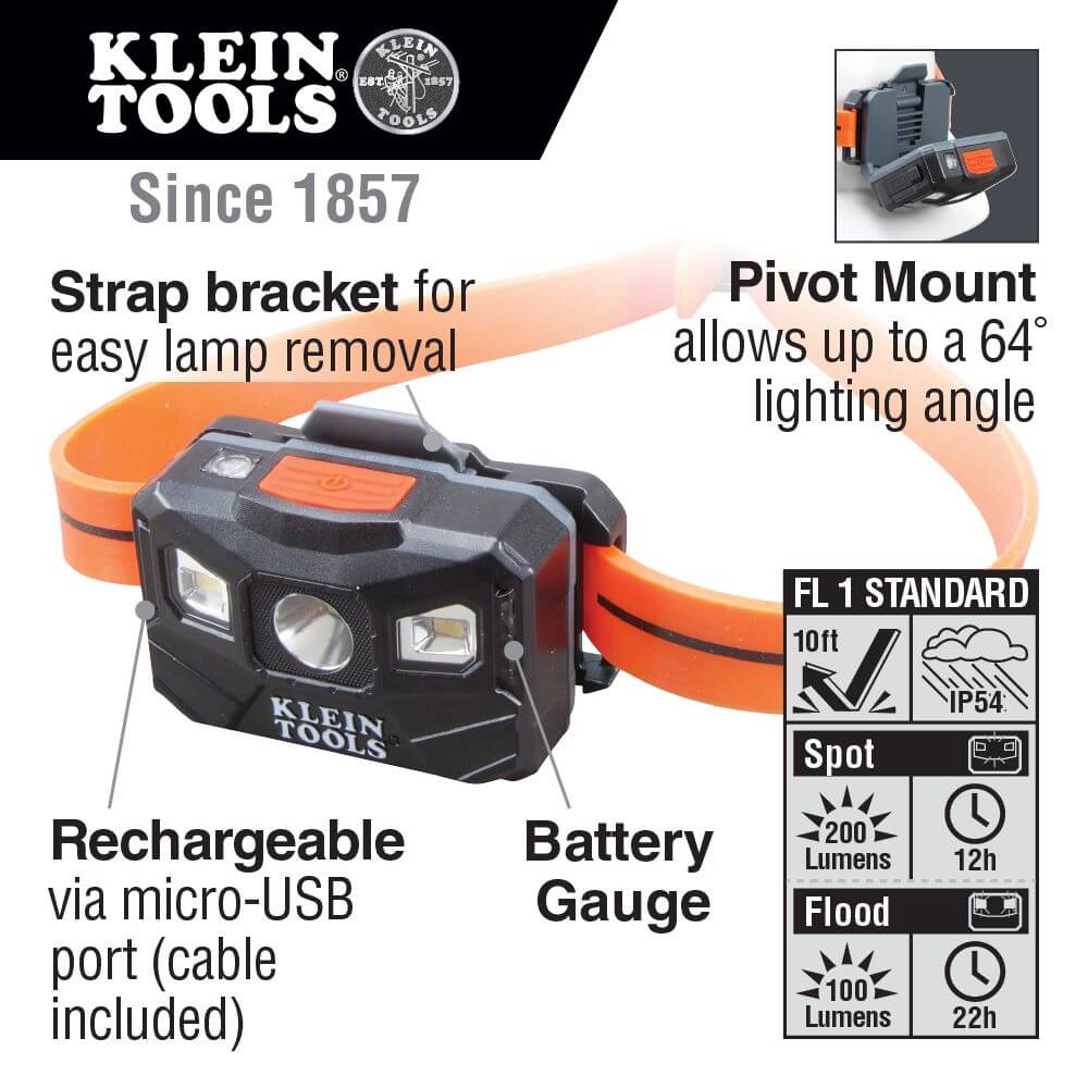 Linterna tipo minero Led 200 lumenes recargable Klein Tools 56034