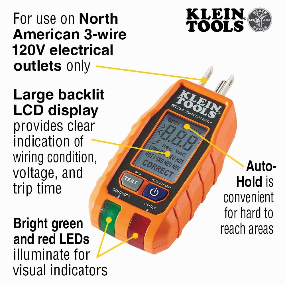 Probador de receptáculo GFCI con pantalla LCD - Klein Tools RT250