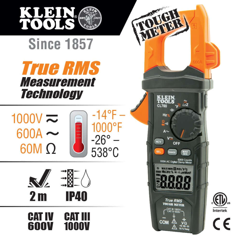 Multímetro digital de gancho de rango automático de CA, con media cuadrática real y modo de baja impedancia (LoZ) Klein Tools CL700